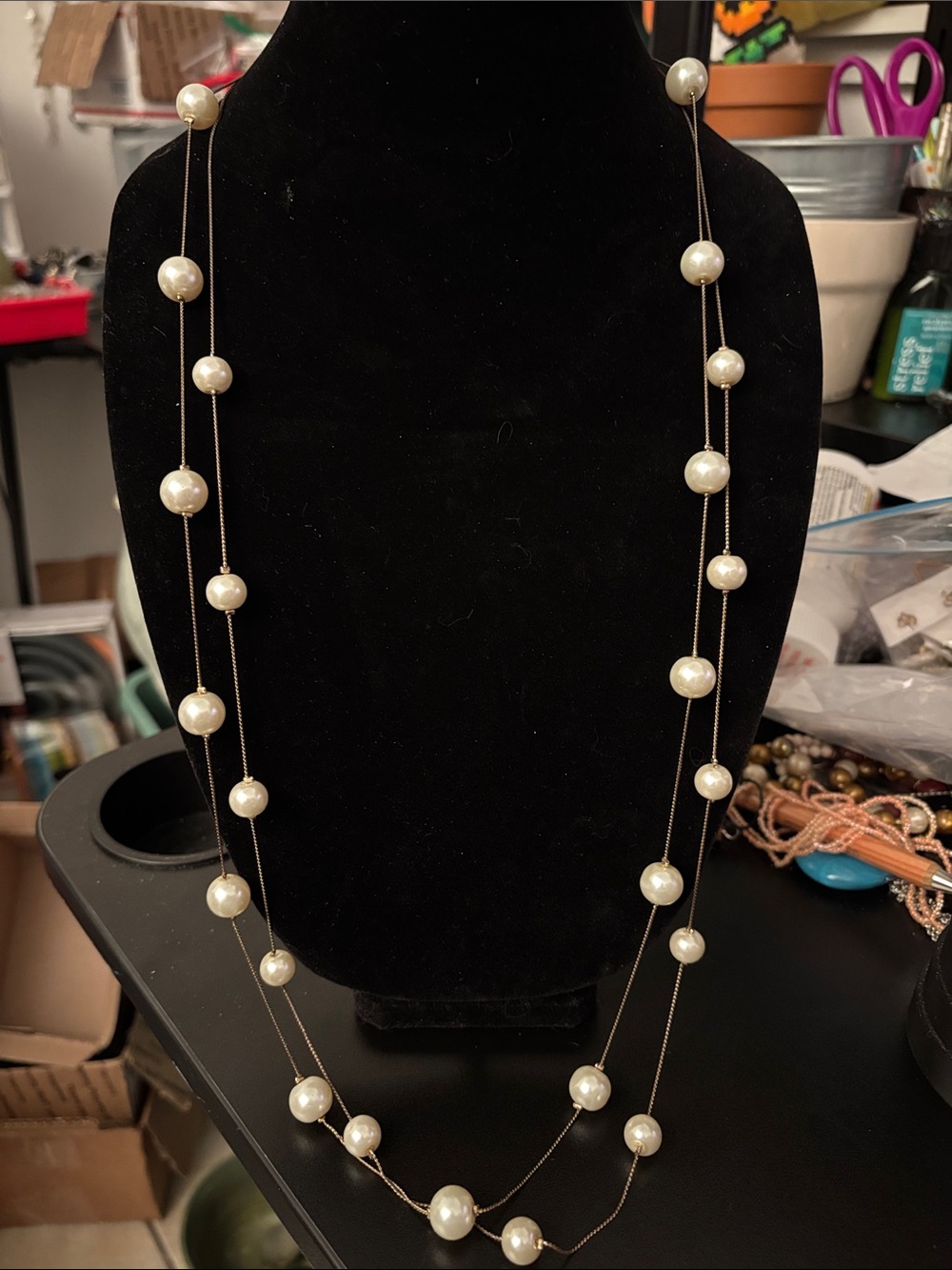 Double Strand Faux White Pearl Station Necklace on Gold Chain